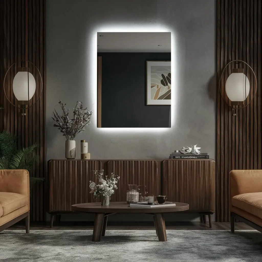 Ahşap panel üzerinde özel ölçü LED ayna